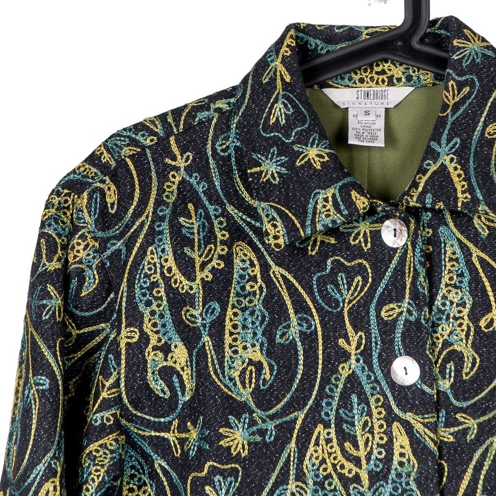 Stonebridge Boho Embroidered Jacket S Wool Blue Green Yellow Paisley Swirl Leaf - Picture 2 of 6
